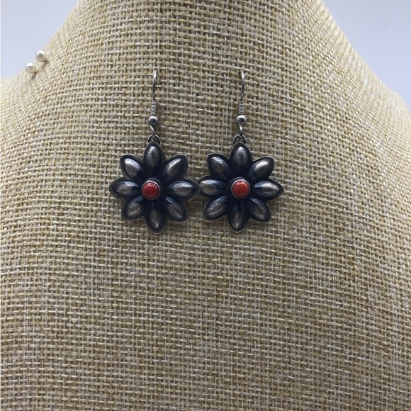 Vintage RJ Sterling Zuni Navajo Flower Red Coral Turquoise Dangle Earrings - Picture 2 of 7